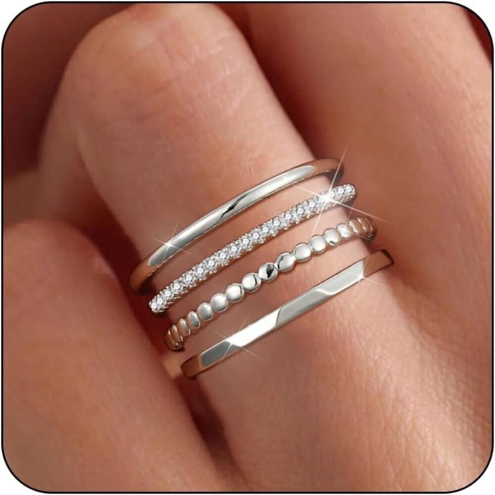 Stackable Gold Silver Rings for Women 14K Gold Plated 4-Piece Set Dainty Jewelry